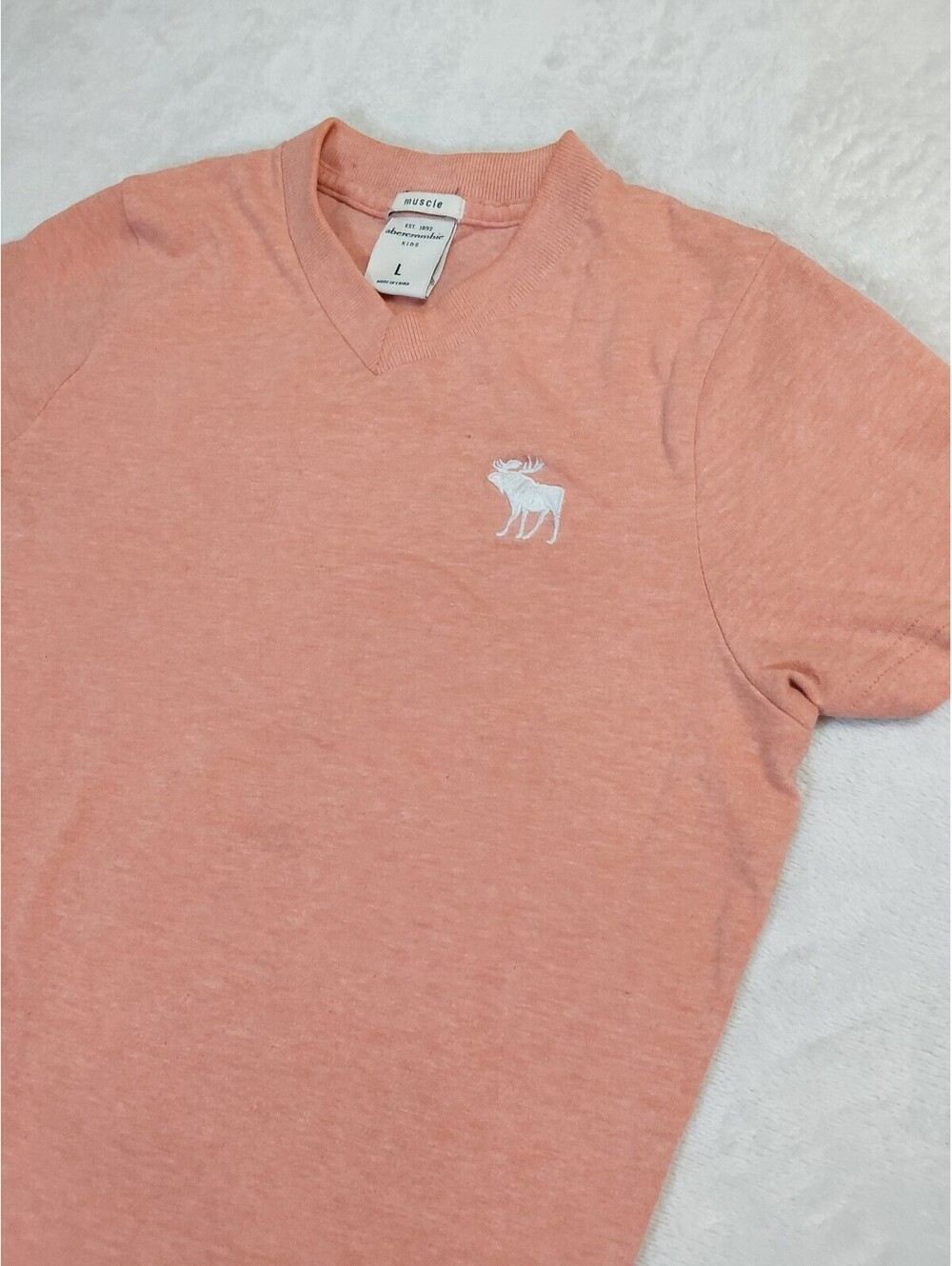 Abercrombie Kids Muscle Fit V-Neck T-Shirt in Peach, Size L. 0074